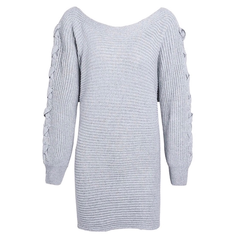 Gray Off The Shoulder Slouch Tie Sweater C68 - Picture 4 of 7